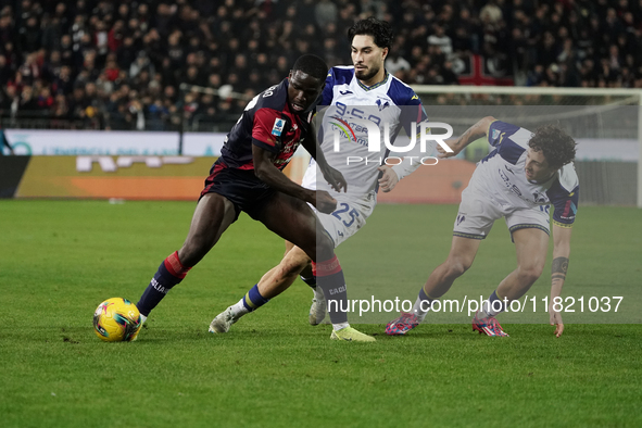 Zito Luvumbo (#77 Cagliari Calcio) participates in the Serie A TIM match between Cagliari Calcio and Hellas Verona FC in Italy on November 2...