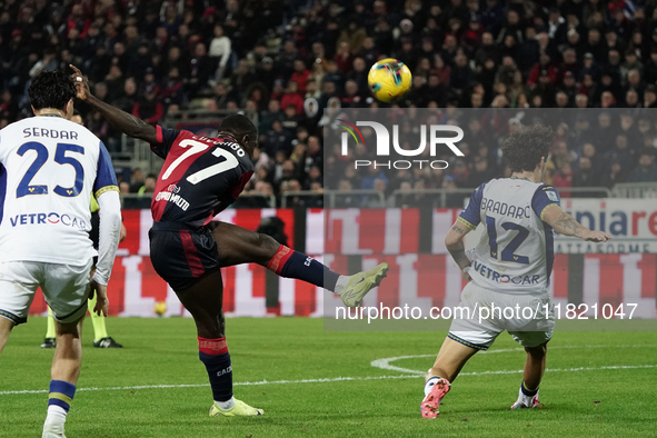 Zito Luvumbo (#77 Cagliari Calcio) participates in the Serie A TIM match between Cagliari Calcio and Hellas Verona FC in Italy on November 2...