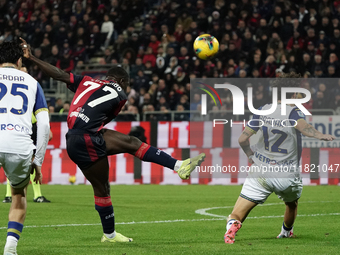 Zito Luvumbo (#77 Cagliari Calcio) participates in the Serie A TIM match between Cagliari Calcio and Hellas Verona FC in Italy on November 2...