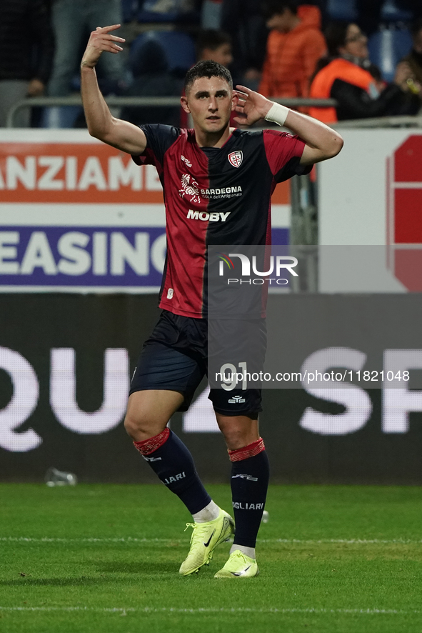 Roberto Piccoli (#91 Cagliari Calcio) celebrates a goal during the Serie A TIM match between Cagliari Calcio and Hellas Verona FC in Italy o...