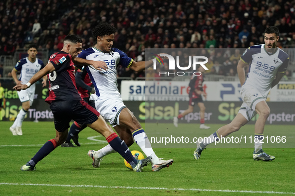 Gabriele Zappa (#28 Cagliari Calcio) participates in the Serie A TIM match between Cagliari Calcio and Hellas Verona FC in Italy on November...