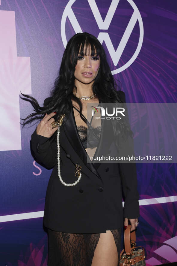 Maria Fernanda Quiroz attends the pink carpet for the 14th anniversary of Estilo DF at General Prim 30 in Mexico City, Mexico, on November 2...