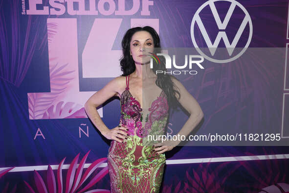 Laura Ferrer attends the pink carpet for the 14th anniversary of Estilo DF at General Prim 30 in Mexico City, Mexico, on November 28, 2024. 