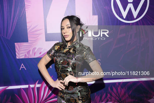 Jass Reyes attends the pink carpet for the 14th anniversary of Estilo DF at General Prim 30 in Mexico City, Mexico, on November 28, 2024. 