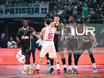 Mike James of AS Monaco, along with Kendrick Nunn, Konstantinos Mitoglou, and Jerian Grant of Panathinaikos AKTOR Athens, participates in th...