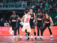 Mike James of AS Monaco, along with Kendrick Nunn, Konstantinos Mitoglou, and Jerian Grant of Panathinaikos AKTOR Athens, participates in th...