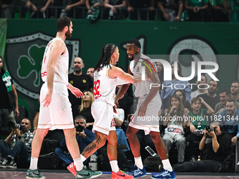 11 Alpha Diallo, 32 Matthew Strazel, and 9 Georgios Papagiannis of AS Monaco participate in the Euroleague, Round 12 match between Panathina...