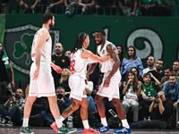 11 Alpha Diallo, 32 Matthew Strazel, and 9 Georgios Papagiannis of AS Monaco participate in the Euroleague, Round 12 match between Panathina...