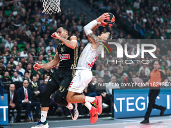 Matthew Strazel of AS Monaco competes with Kostas Sloukas of Panathinaikos AKTOR Athens during the Euroleague, Round 12 match between Panath...