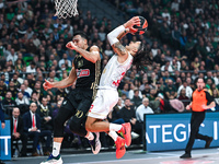 Matthew Strazel of AS Monaco competes with Kostas Sloukas of Panathinaikos AKTOR Athens during the Euroleague, Round 12 match between Panath...