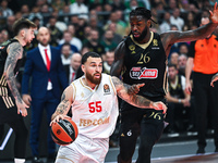 Mike James of AS Monaco competes with Mathias Lessort of Panathinaikos AKTOR Athens during the Euroleague, Round 12 match between Panathinai...