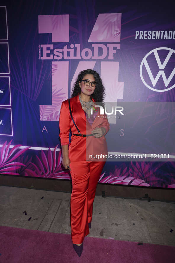 Larisa Cardenas attends the pink carpet for the 14th anniversary of Estilo DF at General Prim 30 in Mexico City, Mexico, on November 28, 202...