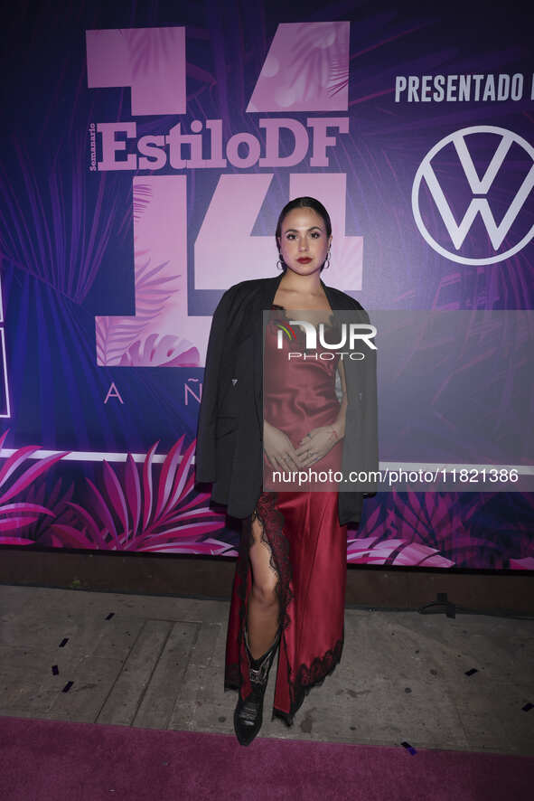 Karla Esquivel attends the pink carpet for the 14th anniversary of Estilo DF at General Prim 30 in Mexico City, Mexico, on November 28, 2024...