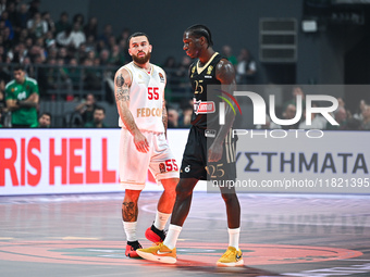 Kendrick Nunn of Panathinaikos AKTOR Athens and Mike James of AS Monaco participate in the Euroleague, Round 12 match between Panathinaikos...