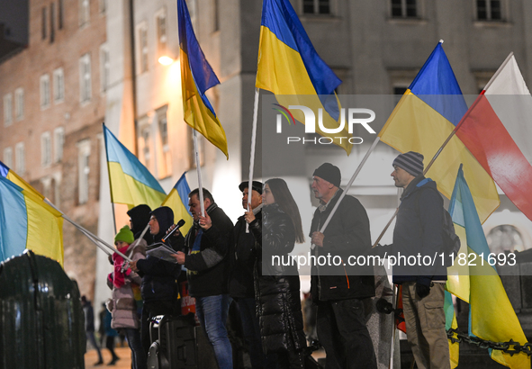 KRAKOW, POLAND - NOVEMBER 29:
On the evening of the 1010th day of Russia's invasion of Ukraine, a few members of the Ukrainian diaspora held...