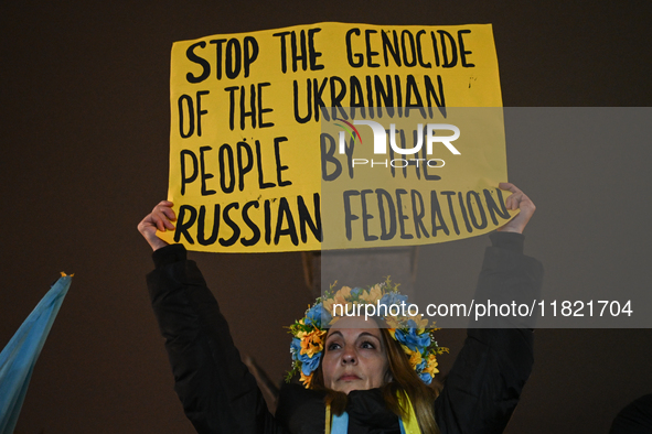 KRAKOW, POLAND - NOVEMBER 29:
On the evening of the 1010th day of Russia's invasion of Ukraine, a few members of the Ukrainian diaspora held...