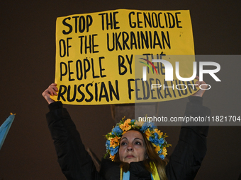 KRAKOW, POLAND - NOVEMBER 29:
On the evening of the 1010th day of Russia's invasion of Ukraine, a few members of the Ukrainian diaspora held...