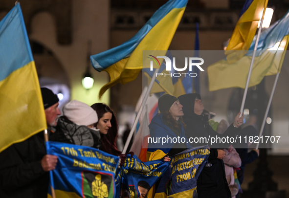 KRAKOW, POLAND - NOVEMBER 29:
On the evening of the 1010th day of Russia's invasion of Ukraine, a few members of the Ukrainian diaspora held...