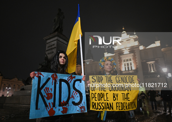 KRAKOW, POLAND - NOVEMBER 29:
On the evening of the 1010th day of Russia's invasion of Ukraine, a few members of the Ukrainian diaspora held...