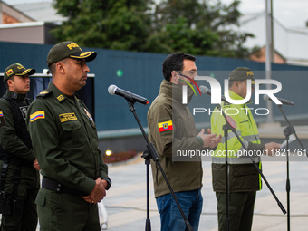 Bogota's mayor Carlos Fernando Galan gives a press conference on extortion made from prisons in Bogota, Colombia, on November 14, 2024, at t...