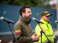 Bogota's mayor Carlos Fernando Galan gives a press conference on extortion made from prisons in Bogota, Colombia, on November 14, 2024, at t...