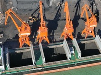 Cranes unload coal from cargo ships at Longkou port area of Yantai Port in East China's Shandong province on November 29, 2024. (