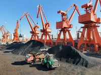 Cranes unload coal from cargo ships at Longkou port area of Yantai Port in East China's Shandong province on November 29, 2024. (