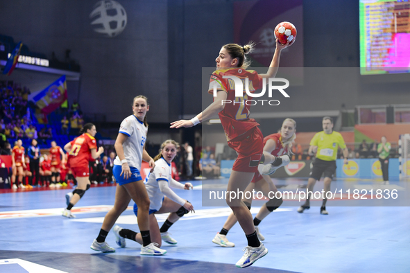 Alexandra Dindiligan is in action during the Romania vs. Czechia match at the Women's EHF EURO 2024 in Fonix Arena, Debrecen, on November 29...