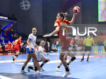 Alexandra Dindiligan is in action during the Romania vs. Czechia match at the Women's EHF EURO 2024 in Fonix Arena, Debrecen, on November 29...