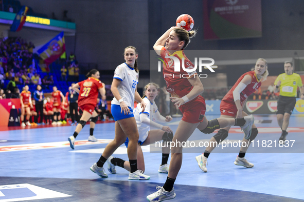 Alexandra Dindiligan is in action during the Romania vs. Czechia match at the Women's EHF EURO 2024 in Fonix Arena, Debrecen, on November 29...