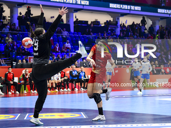 Lorena Gabriela Ostase is in action during the Romania vs. Czechia match at the Women's EHF EURO 2024, in Debrecen, Hungary, on November 29,...