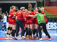 Players of Romania celebrate during the Romania vs. Czechia match at the Women's EHF EURO 2024 in Fonix Arena, Debrecen, on November 29, 202...