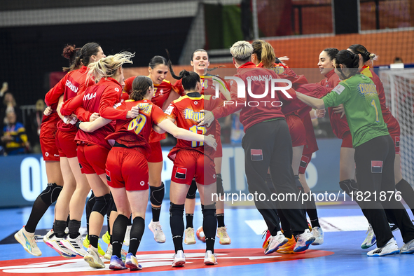 Players of Romania celebrate during the Romania vs. Czechia match at the Women's EHF EURO 2024 in Fonix Arena, Debrecen, on November 29, 202...