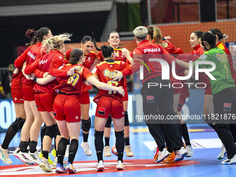 Players of Romania celebrate during the Romania vs. Czechia match at the Women's EHF EURO 2024 in Fonix Arena, Debrecen, on November 29, 202...