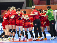 Players of Romania celebrate during the Romania vs. Czechia match at the Women's EHF EURO 2024 in Fonix Arena, Debrecen, on November 29, 202...