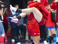 Players of Romania celebrate during the Romania vs. Czechia match at the Women's EHF EURO 2024 in Fonix Arena, Debrecen, on November 29, 202...