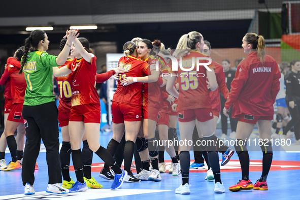 Players of Romania celebrate during the Romania vs. Czechia match at the Women's EHF EURO 2024 in Fonix Arena, Debrecen, on November 29, 202...