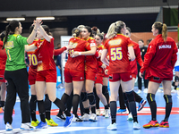 Players of Romania celebrate during the Romania vs. Czechia match at the Women's EHF EURO 2024 in Fonix Arena, Debrecen, on November 29, 202...