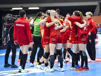 Players of Romania celebrate during the Romania vs. Czechia match at the Women's EHF EURO 2024 in Fonix Arena, Debrecen, on November 29, 202...