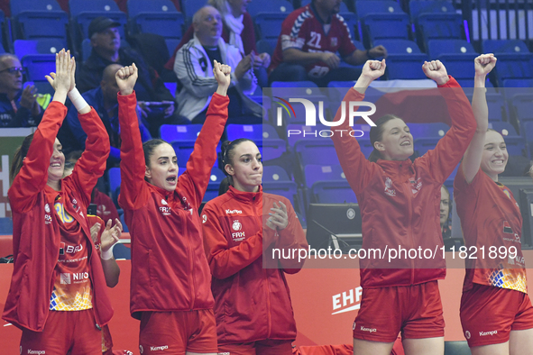 Players of Romania celebrate during the Romania vs. Czechia match at the Women's EHF EURO 2024 in Fonix Arena, Debrecen, on November 29, 202...