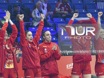 Players of Romania celebrate during the Romania vs. Czechia match at the Women's EHF EURO 2024 in Fonix Arena, Debrecen, on November 29, 202...