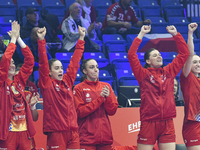 Players of Romania celebrate during the Romania vs. Czechia match at the Women's EHF EURO 2024 in Fonix Arena, Debrecen, on November 29, 202...