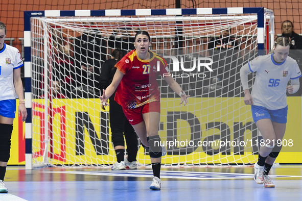 Lorena Gabriela Ostase is in action during the Romania vs. Czechia match at the Women's EHF EURO 2024, in Debrecen, Hungary, on November 29,...