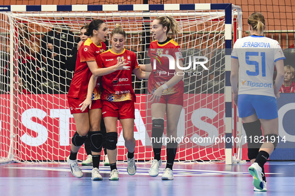 Alexandra Dindiligan is in action during the Romania vs. Czechia match at the Women's EHF EURO 2024 in Fonix Arena, Debrecen, on November 29...