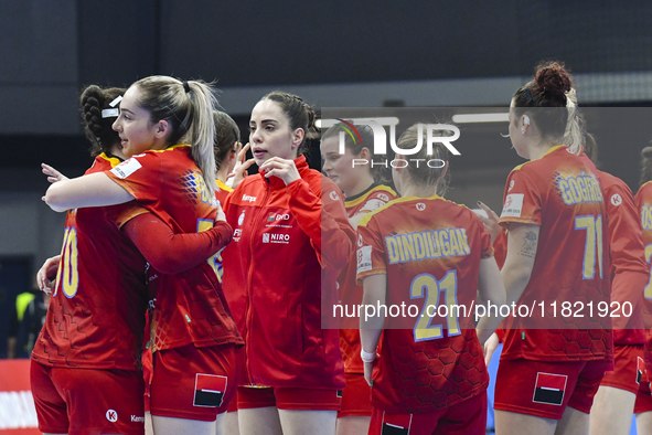 Players of Romania celebrate during the Romania vs. Czechia match at the Women's EHF EURO 2024 in Fonix Arena, Debrecen, on November 29, 202...