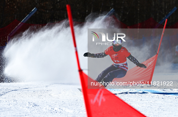 Flem Ayres of the United States competes during the first round of the women's snowboard parallel giant slalom at the 2024-2025 ISF Snowboar...