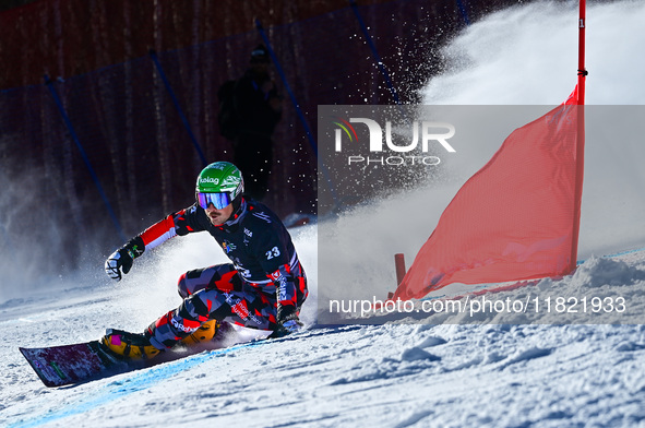 Per Alexander of Austria competes during the first round of the men's snowboard parallel giant slalom at the 2024-2025 ISF Snowboard Paralle...