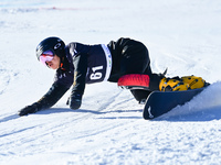 Qin Zihan of China competes during the first round of the men's snowboard parallel giant slalom at the 2024-2025 ISF Snowboard Parallel Even...