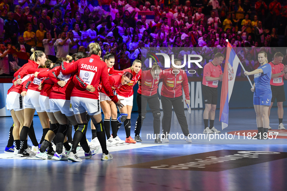 Team Serbia competes during Montenegro vs. Serbia at the Women's EHF EURO 2024 in Fonix Arena, Debrecen, on November 29, 2024. 