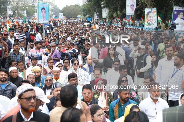 Activists from The All India Trinamool Congress take part in a protest meeting in Kolkata, India, on November 30, 2024, demanding the withdr...